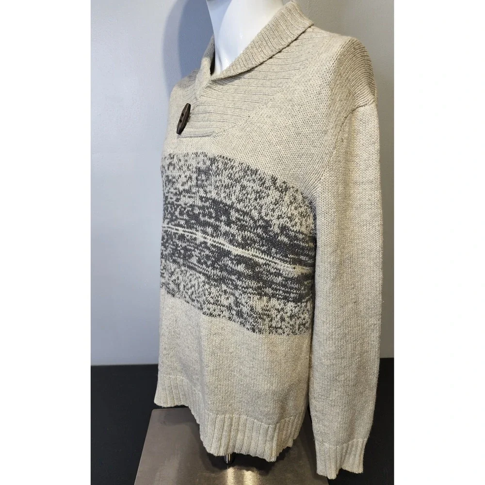 Banana Republic Mens Size M Wool Cotton Blend Beige Knit Collared Toggle Sweater